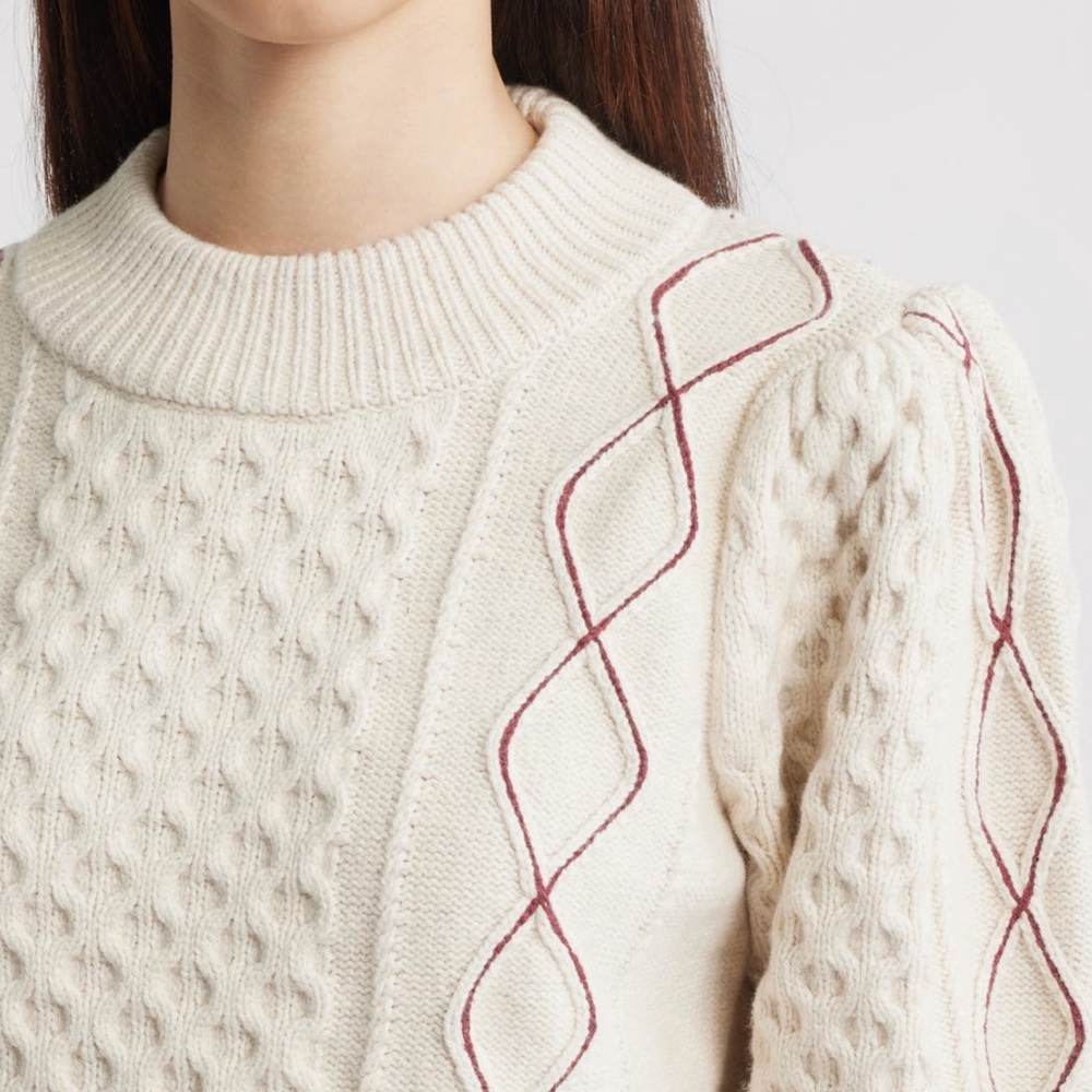 Rails Cream Cable Knit Sweater Burgundy Diamond Stitch Puff Sleeve Knit Top S - Picture 4 of 11